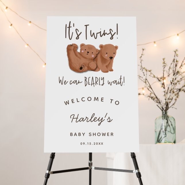 Rustic Twin Bears Baby Shower Welcome Sign (In Situ (Stand))