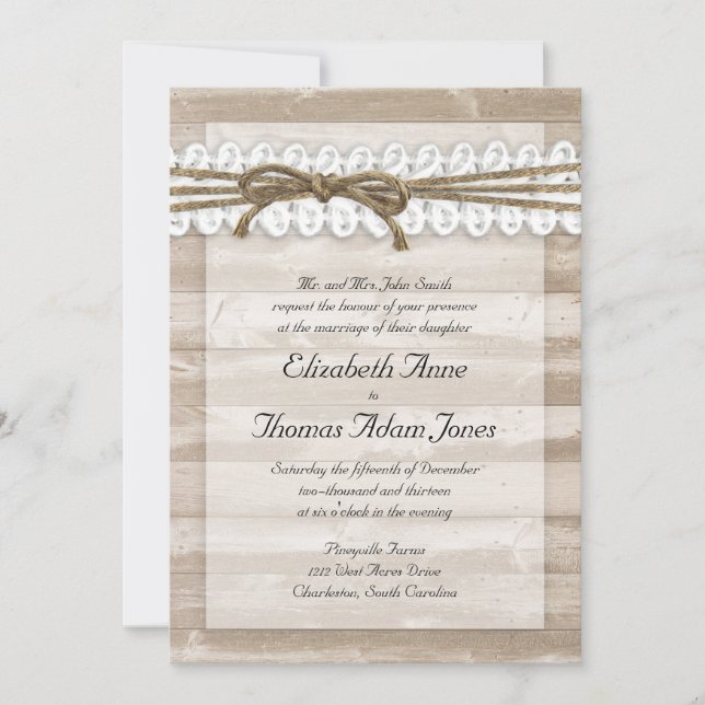 Rustic Twine and Lace Barn Wood Wedding Invitation (Front)