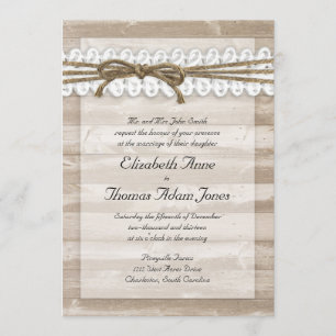 Rustic Twine and Lace Barn Wood Wedding Invitation