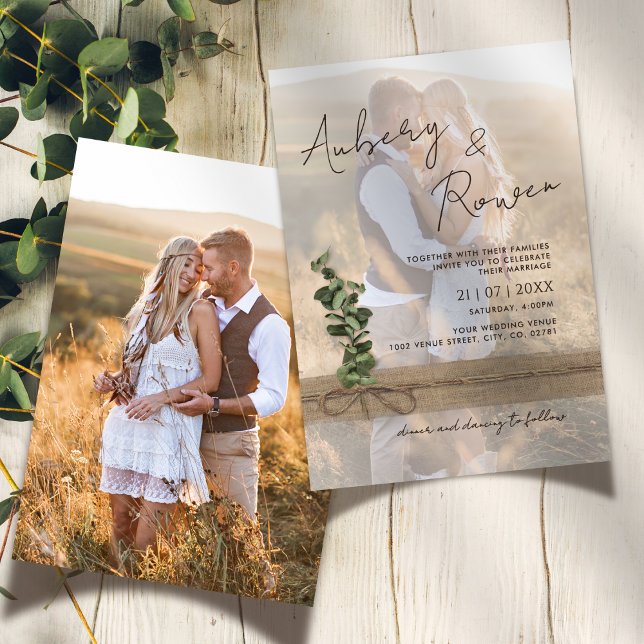 Rustic Twine Burlap Eucalyptus Boho Photo Wedding Invitation (Creator Uploaded)