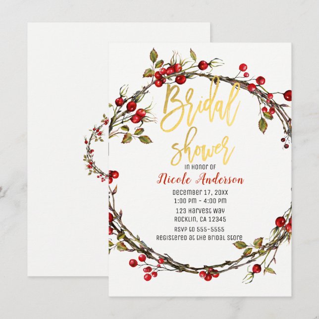 Rustic Twine Cranberry Berry Wreath Bridal Shower Invitation (Front/Back)