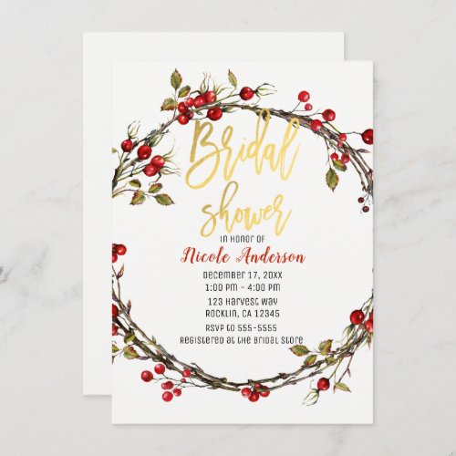 Rustic Twine Cranberry Berry Wreath Bridal Shower Invitation