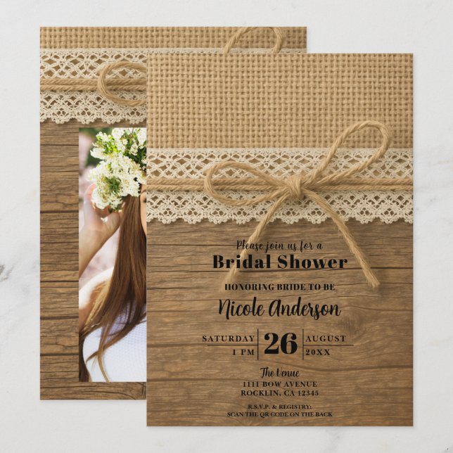 Rustic Twine Ribbon Wood & Lace Bridal Shower Invitation (Front/Back)