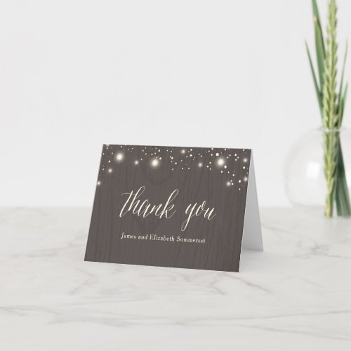 Rustic Twinkle Fairy Light Wood Wedding Thank You Card