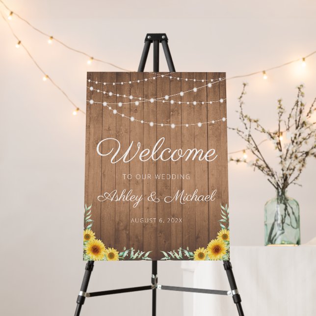 Rustic twinkle lights sunflowers wedding welcome  foam board (In Situ (Stand))