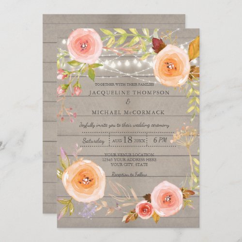 Rustic Twinkle Lights Wedding Floral Wreath Invitation