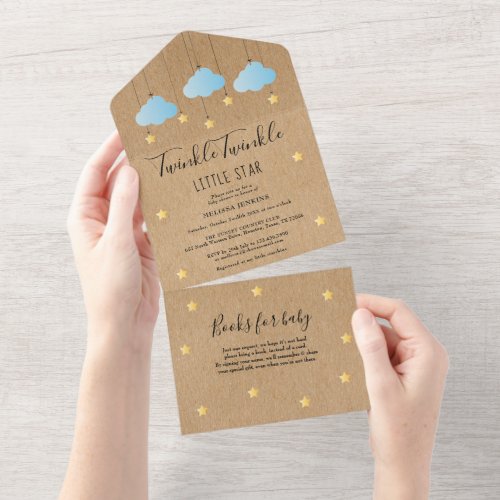 Rustic Twinkle Twinkle Blue Clouds Baby Shower All In One Invitation