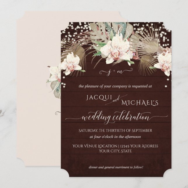 Rustic Twinkle White Orchid Floral Burgundy Wood Invitation (Front/Back)
