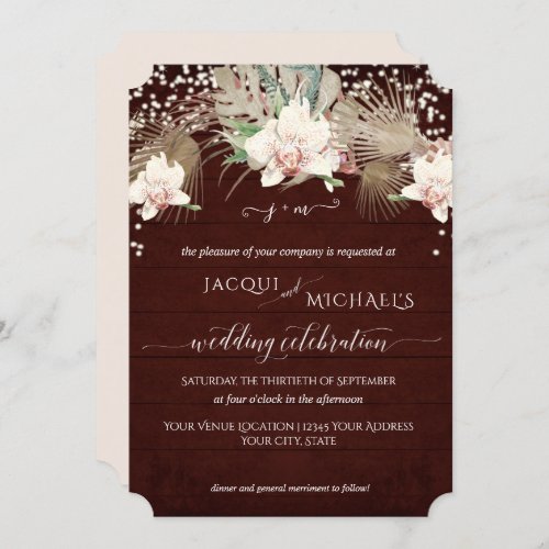 Rustic Twinkle White Orchid Floral Burgundy Wood Invitation