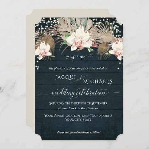 Rustic Twinkle White Orchid Floral Navy Blue Wood Invitation