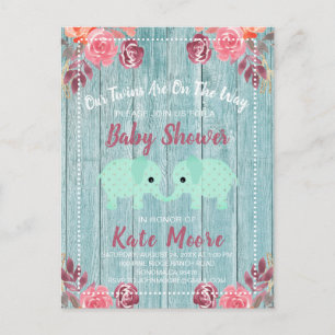 Rustic Twins Baby Elephants Baby Shower Blue Green Postcard