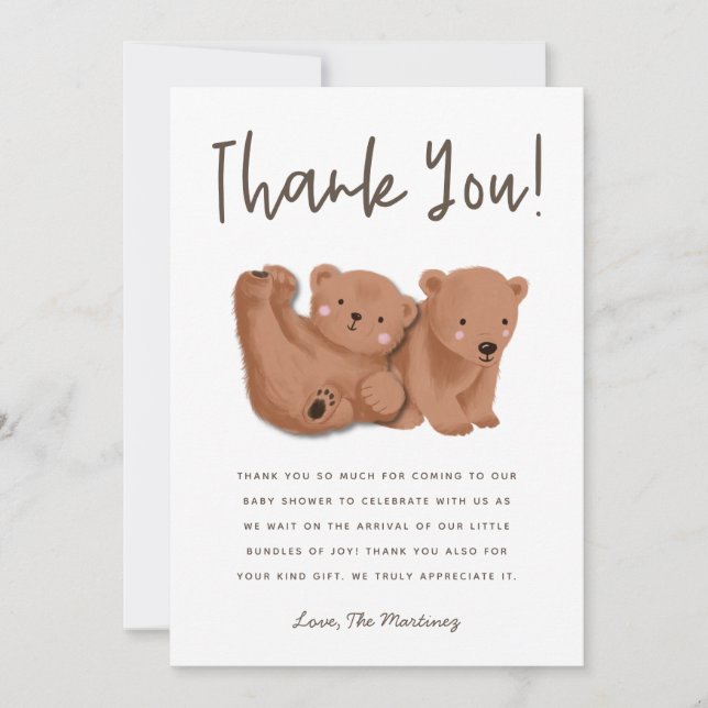 Rustic Twins Cub Bear Baby Shower Thank You Card (Front)