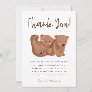 Rustic Twins Cub Bear Baby Shower Thank You Card