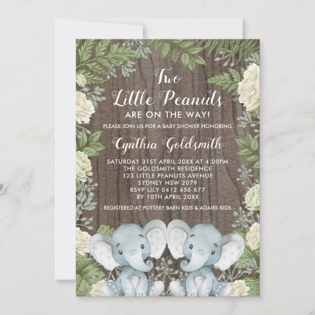 Rustic Twins Elephant Neutral Greenery Baby Shower Invitation (Front)