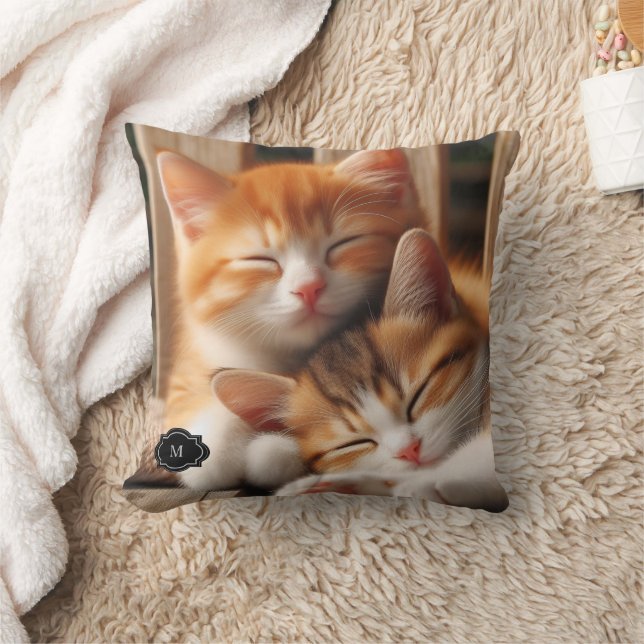 Rustic two cute cats family monogrammed throw pillow (Blanket)