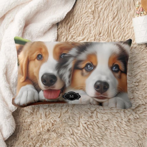 Rustic two cute dogs family monogrammed lumbar pillow
