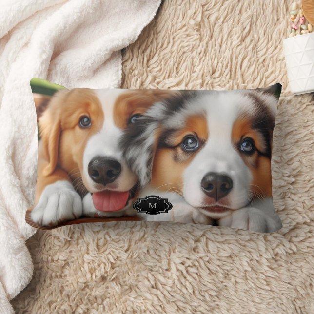 Rustic two cute dogs family monogrammed lumbar pillow (Blanket)