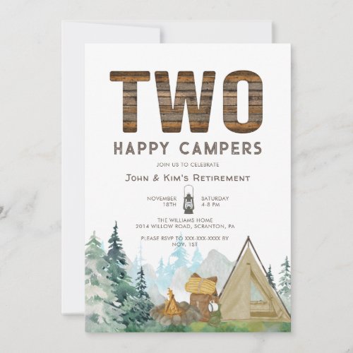 Rustic Two Happy Campers Retirement Invitation