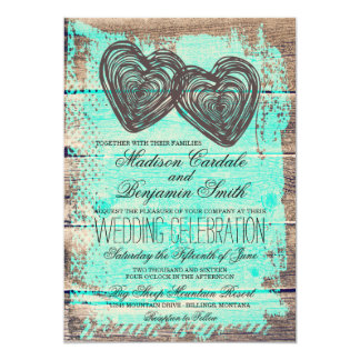 Rustic Two Hearts Barn Wood Aqua Wedding Invites
