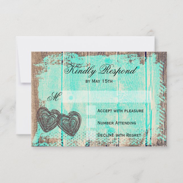 Rustic Two Hearts Wood Aqua Wedding RSVP Cards (Front)