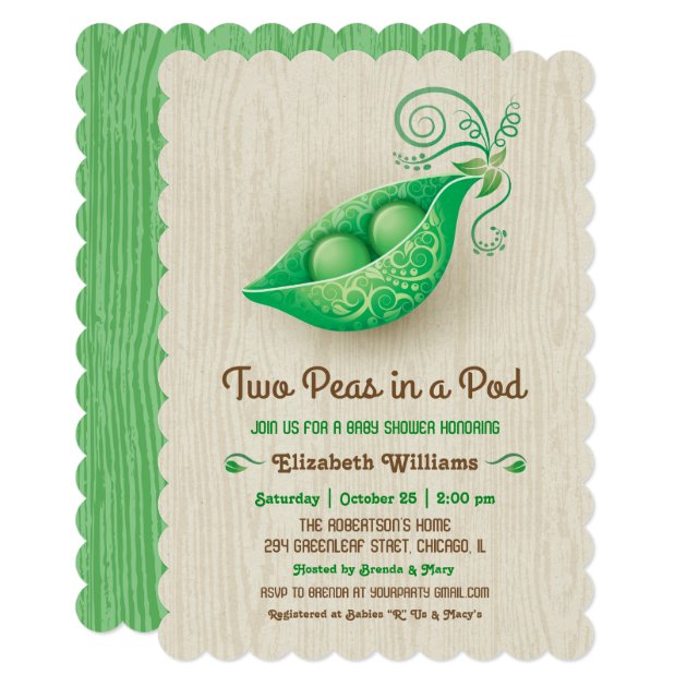 Rustic Two Peas In A Pod Twins Baby Shower Invitation
