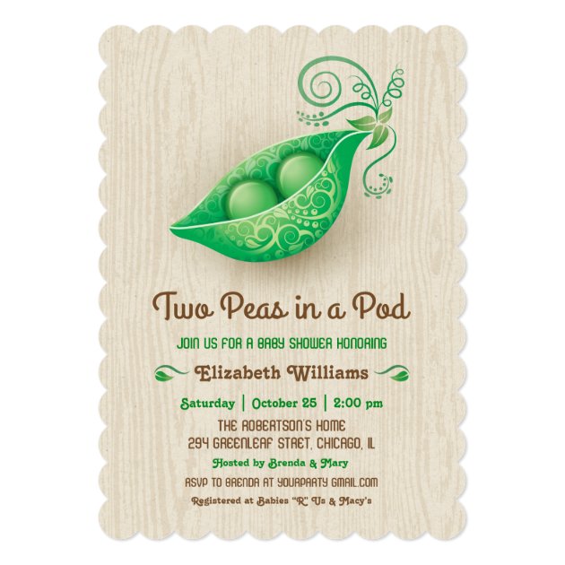 Rustic Two Peas In A Pod Twins Baby Shower Invitation