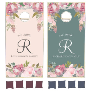 rustic two tone blush floral monogram cornhole set