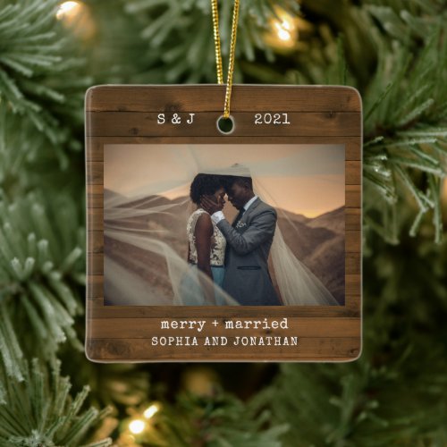 Rustic Typewriter Brown  Merry and Married Photo Ceramic Ornament