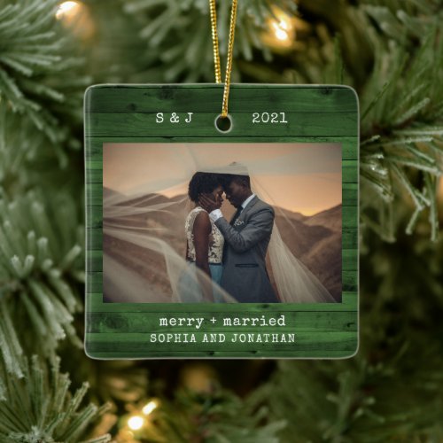 Rustic Typewriter Green  Merry and Married Photo Ceramic Ornament