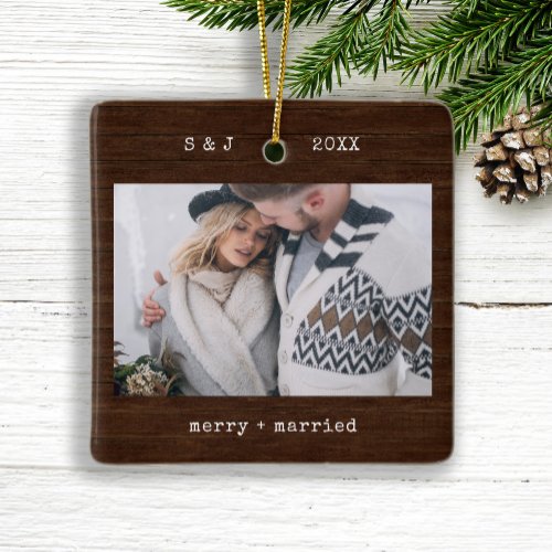 Rustic Typewriter  Merry and Married Photo Ceramic Ornament