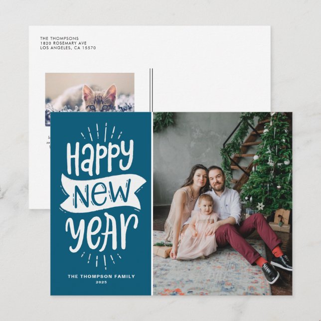 Rustic Typography Blue Happy New Year Photo Holiday Postcard (Front/Back)