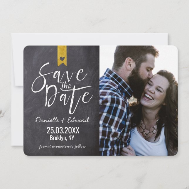 Rustic Typography Chalkboard Gold Banner Photo Save The Date (Front)