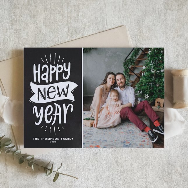 Rustic Typography Chalkboard Happy New Year Photo Holiday Card (Creator Uploaded)
