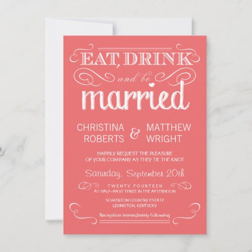 Rustic Typography Coral Pink Wedding Invitations