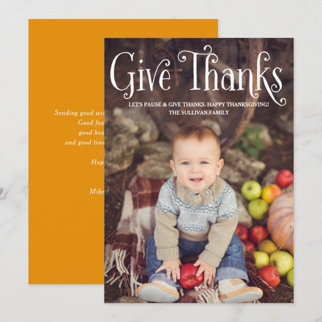Rustic Typography Give Thanks Thanksgiving Photo Holiday Card (Front/Back)