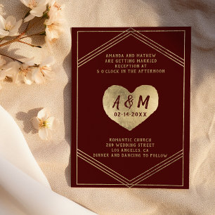 Rustic typography gold heart burgundy wedding  invitation