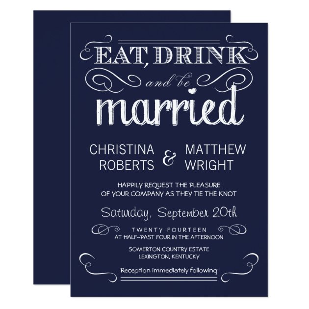 Rustic Typography Navy Blue Wedding Invitations