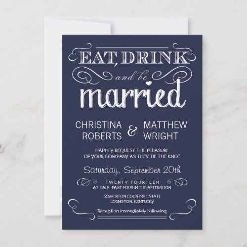 Rustic Typography Navy Blue Wedding Invitations