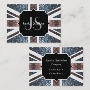 Rustic UK flag red blue sparkles glitters Monogram Business Card
