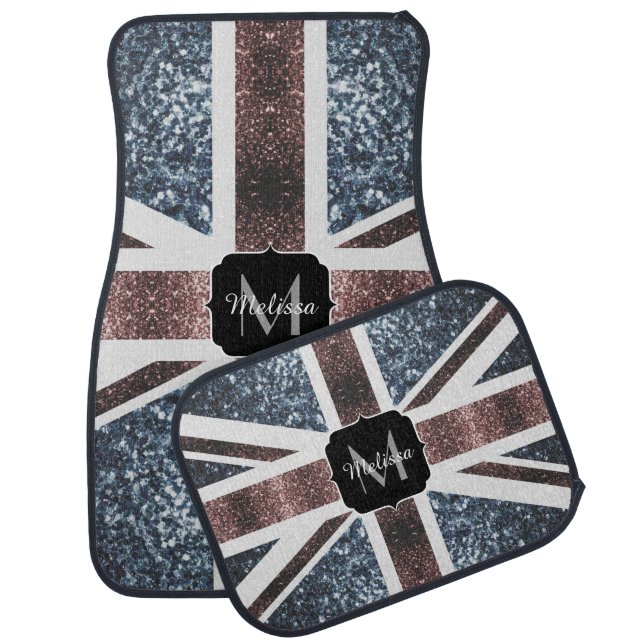 Rustic UK flag red blue sparkles glitters Monogram Car Floor Mat (Set)