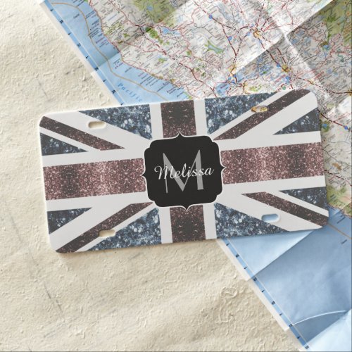 Rustic UK flag red blue sparkles glitters Monogram License Plate