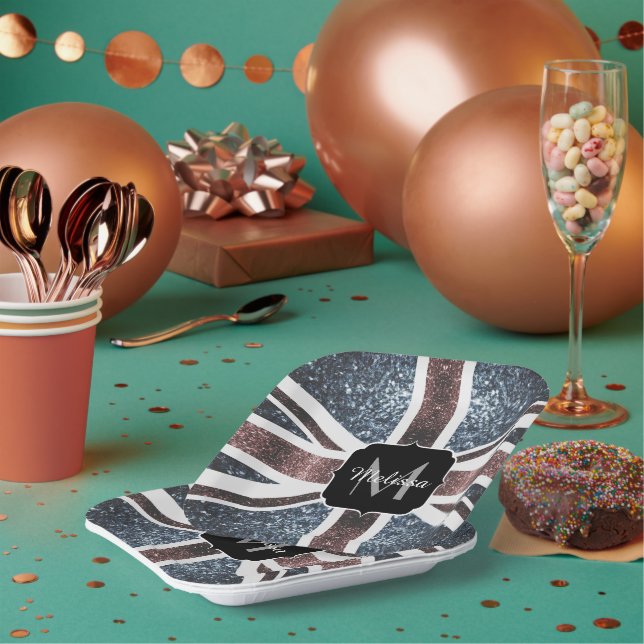 Rustic UK flag red blue sparkles glitters Monogram Paper Plates (Multi)