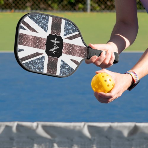 Rustic UK flag red blue sparkles glitters Monogram Pickleball Paddle