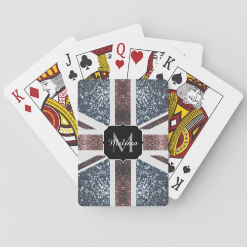 Rustic UK flag red blue sparkles glitters Monogram Poker Cards