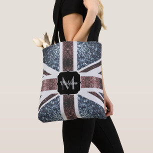 Rustic UK flag red blue sparkles glitters Monogram Tote Bag