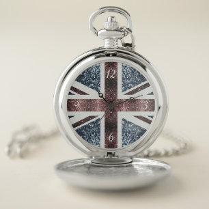 Rustic UK flag red blue sparkles glitters Pocket Watch