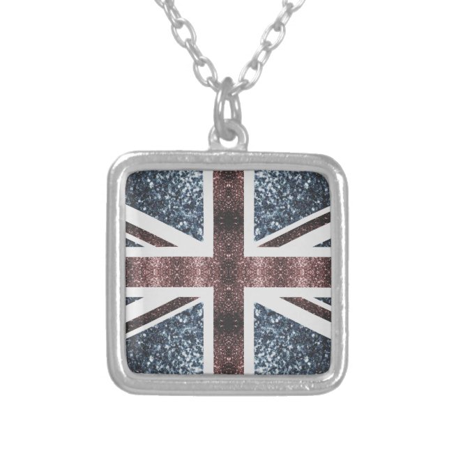 Rustic UK flag red blue sparkles glitters Silver Plated Necklace (Front)