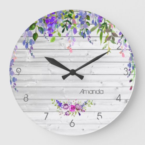 Rustic Ultra Violet Watercolor Floral Large Clock