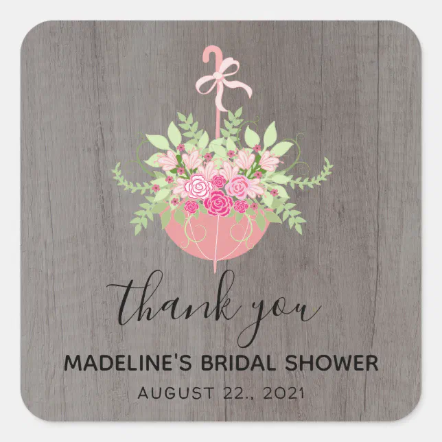 RUSTIC Umbrella| Bridal Shower Thank You Square Sticker | Zazzle