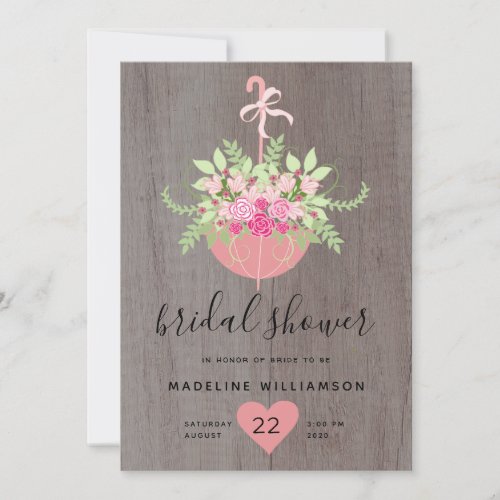 Rustic Umbrella Roses on Wood Bridal Shower Invitation